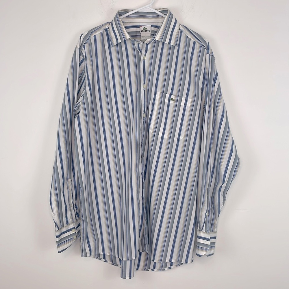 Lacoste Men’s White, Blue, Gray, Yellow Striped Button down Shirt. Size 44/US XL